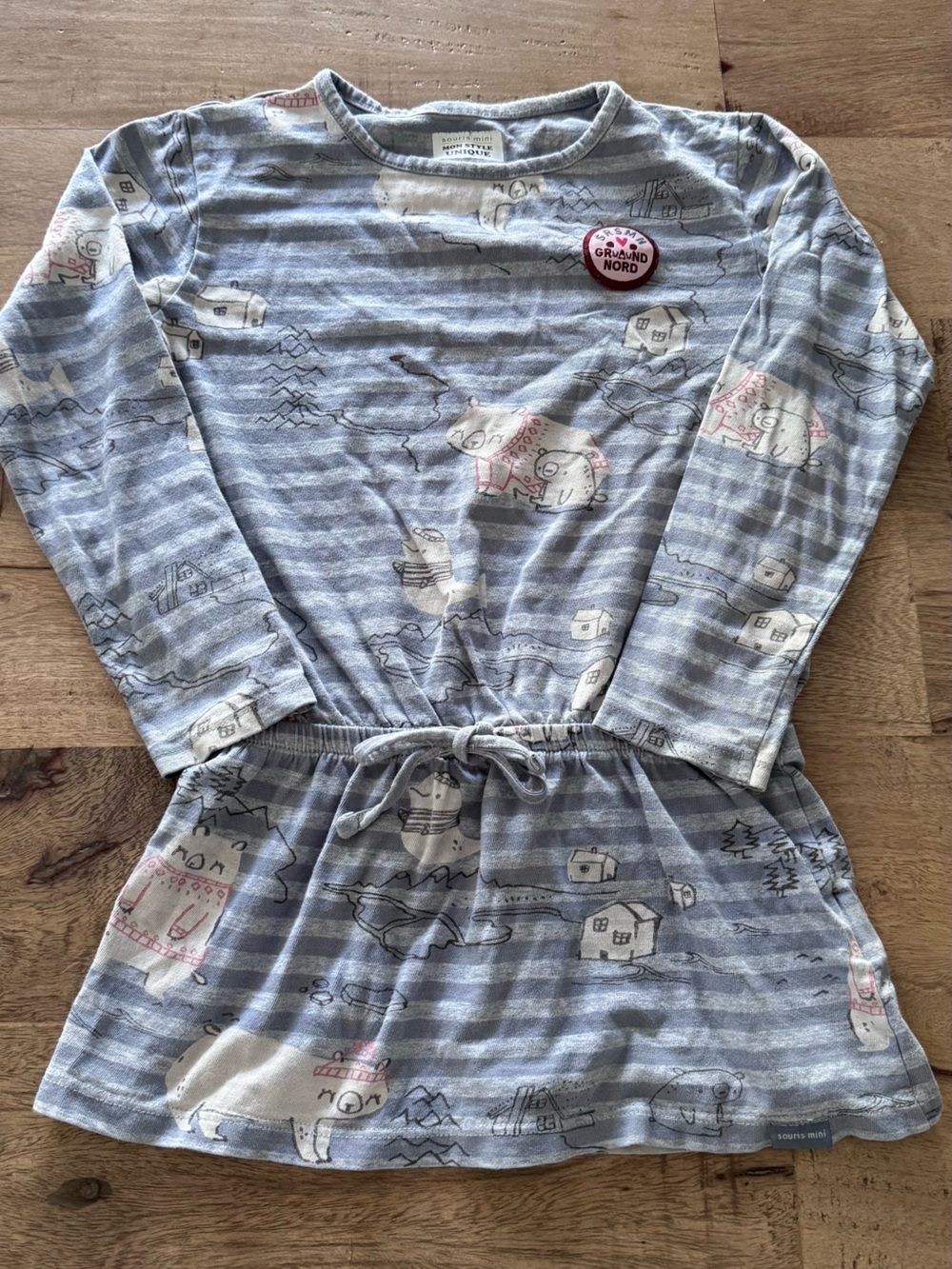 Souris Mini Kids Long Sleeve blue Stripe Dress Bear North pole Print sz 5 years